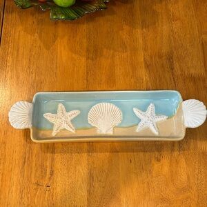 Coastal Seafoam Green, Tan Sand & Cream Shell & Starfish Ceramic Dish. EUC
